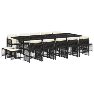 Set comedor de jardín con cojines 15 pzas ratán sintético negro H