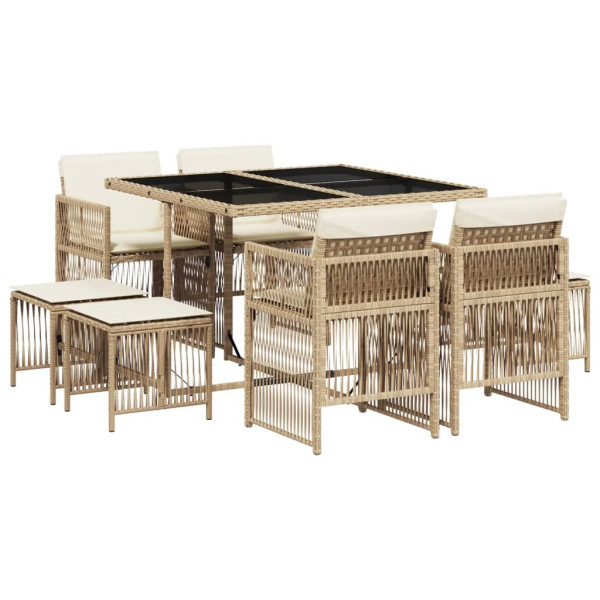 Set comedor de jardín 9 pzas con cojines ratán sintético beige M 2