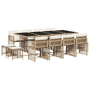 Set comedor de jardín con cojines 13 pzas ratán sintético beige H