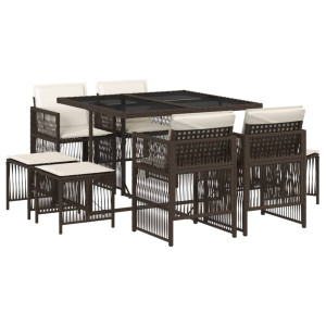 Set comedor para jardín 9 pzas y cojines ratán sintético marrón H