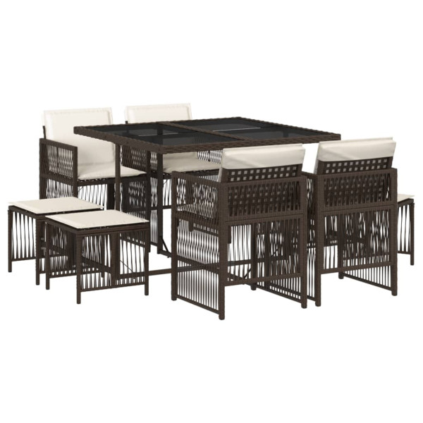 Set comedor para jardín 9 pzas y cojines ratán sintético marrón M 2