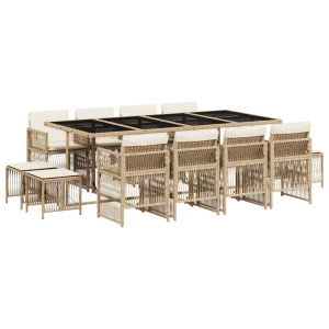 Set comedor de jardín con cojines 13 pzas ratán sintético beige H