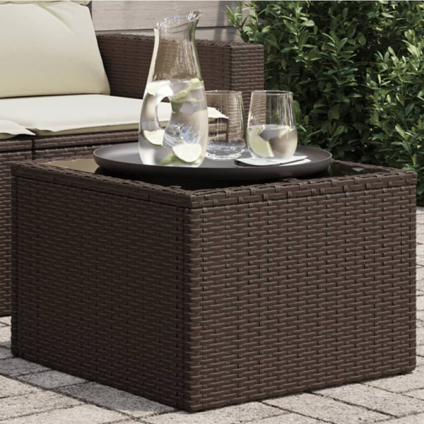 Mesa de jardín superficie cristal ratán PE marrón 55x55x37 cm D