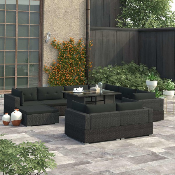 Set muebles de jardín 10 piezas y cojines ratán sintético negro D