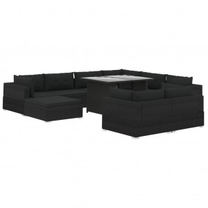 Set muebles de jardín 10 piezas y cojines ratán sintético negro H