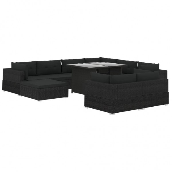 Set muebles de jardín 10 piezas y cojines ratán sintético negro M 2