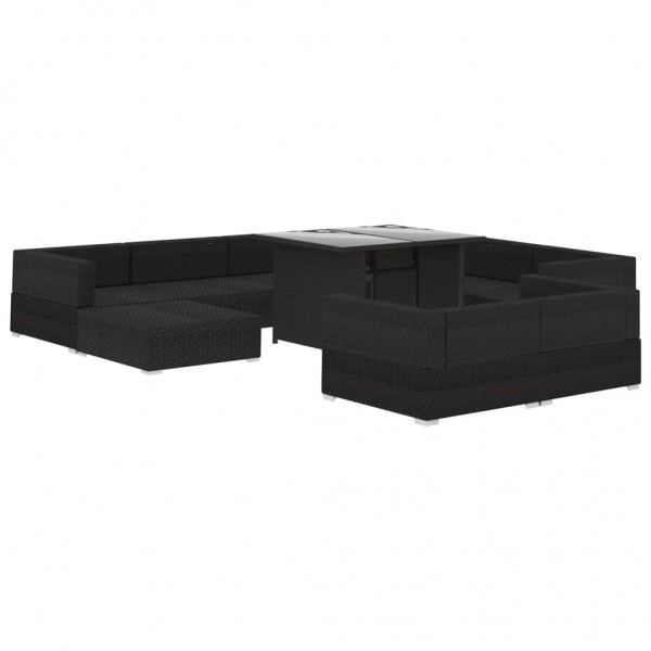 10 pcs conjunto lounge de jardim c/ almofadões vime PE preto M 3