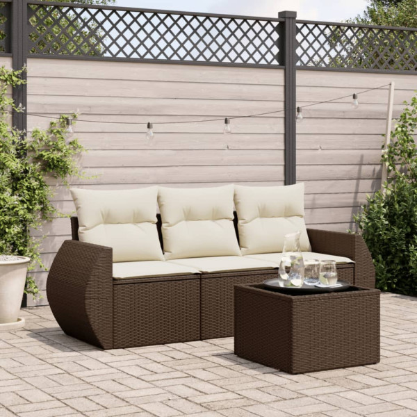 4 pcs conjunto sofás de jardim c/ almofadões vime PE castanho D