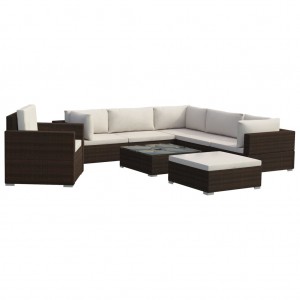 Set muebles de jardín 8 piezas y cojines ratán sintético marrón H
