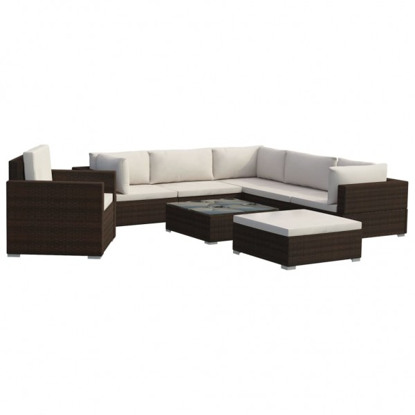 8 pcs conjunto lounge jardim c/ almofadões vime PE castanho M 2