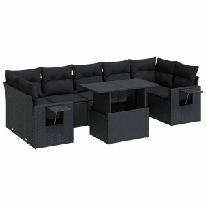 8 pcs conjunto sofás de jardim com almofadões vime PE preto H