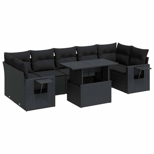 8 pcs conjunto sofás de jardim com almofadões vime PE preto M 2