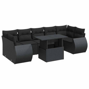 8 pcs conjunto sofás de jardim com almofadões vime PE preto H