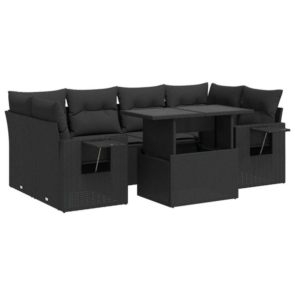 7 pcs conjunto de sofás p/ jardim c/ almofadões vime PE preto M 2