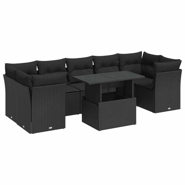 8 pcs conjunto sofás de jardim com almofadões vime PE preto M 2