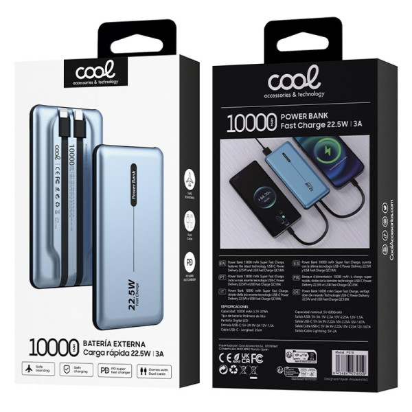 Batería Externa Universal Power Bank 10.000 mAh PD 22.5W (2 cables) Azul M 4