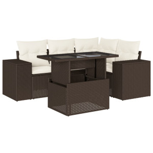 Set comedor de jardín 5 piezas y cojines ratán sintético marrón H