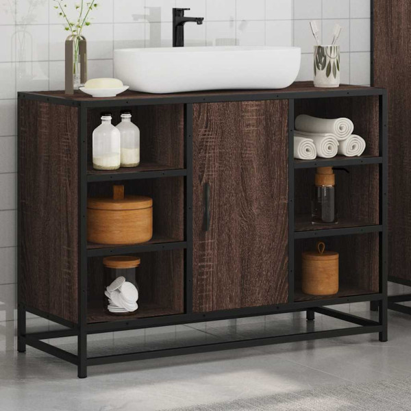 Armario lavabo baño madera ingeniería roble marrón 80x33x60 cm M 4