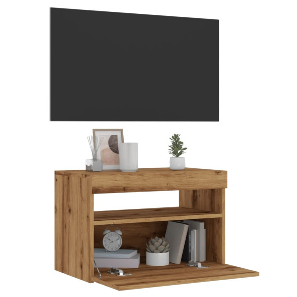 Mueble de TV luces LED madera roble artisan 60x35x40 cm D