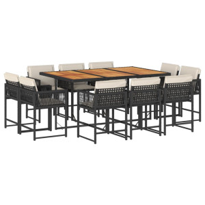 11 pcs conjunto de jantar p/ jardim c/ almofadões vime PE preto H