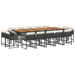Set comedor de jardín con cojines 15 pzas ratán sintético negro H