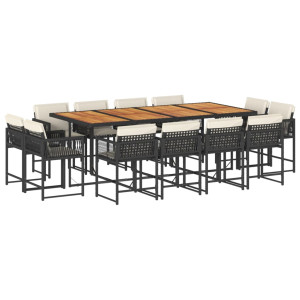 13 pcs conjunto de jantar p/jardim com almofadões vime PE preto H