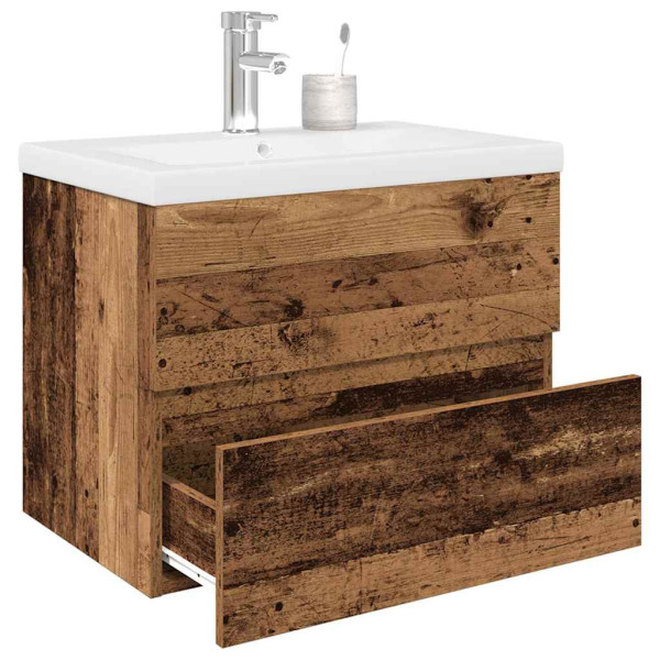 Mueble lavabo con lavabo integrado y grifo madera vieja D