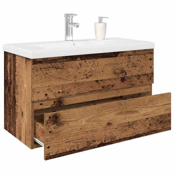 Mueble lavabo con lavabo integrado y grifo madera vieja D