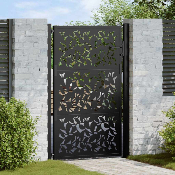 Puerta de jardín de diseño de hojas de acero negra 105x155 cm D