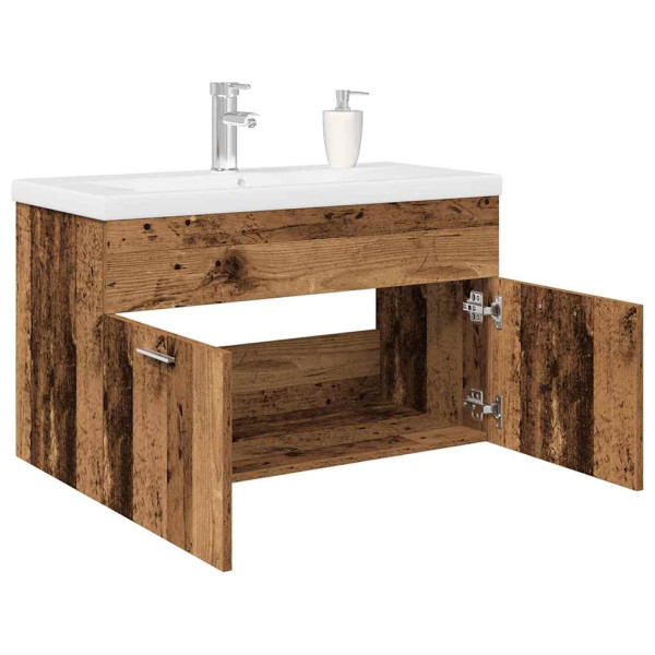 Mueble lavabo con lavabo integrado y grifo madera vieja D