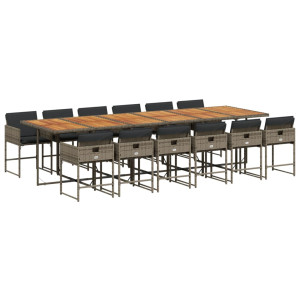Set comedor de jardín con cojines 13 pzas ratán sintético gris H