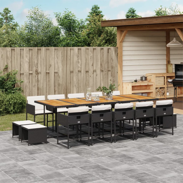 15 pcs conjunto de jantar p/jardim com almofadões vime PE preto D