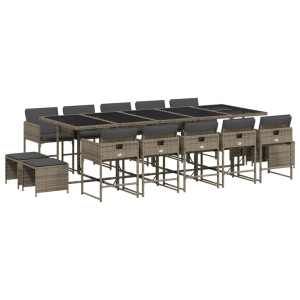 Set comedor de jardín con cojines 15 pzas ratán sintético gris H