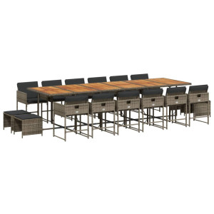 17 pcs conj. de jantar p/ jardim c/ almofadões vime PE cinzento H