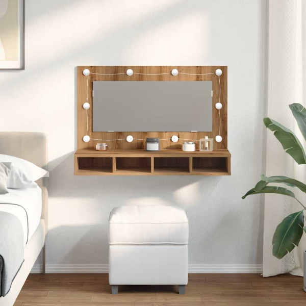 Mueble con espejo y LED roble artesanal 90x31.5x62 cm M 3