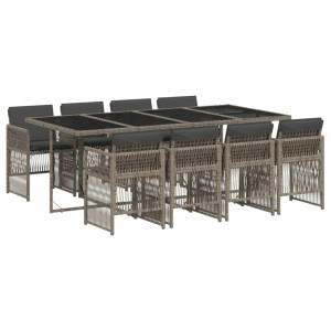 9 pcs conjunto de jantar p/ jardim c/ almofadões vime PE cinza H