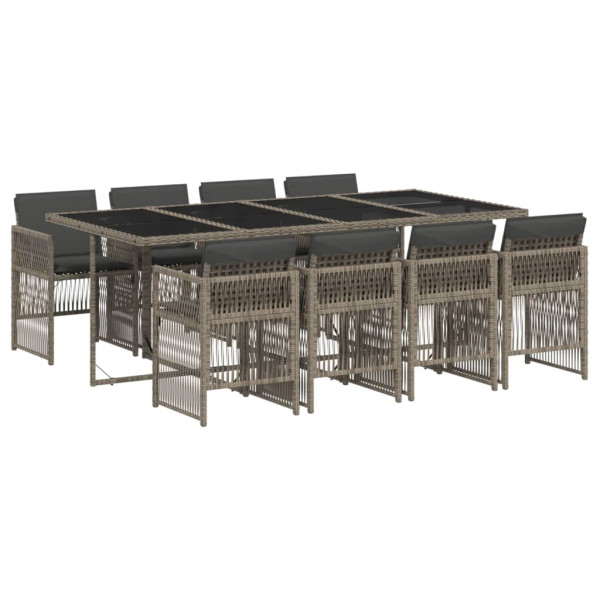 9 pcs conjunto de jantar p/ jardim c/ almofadões vime PE cinza M 2