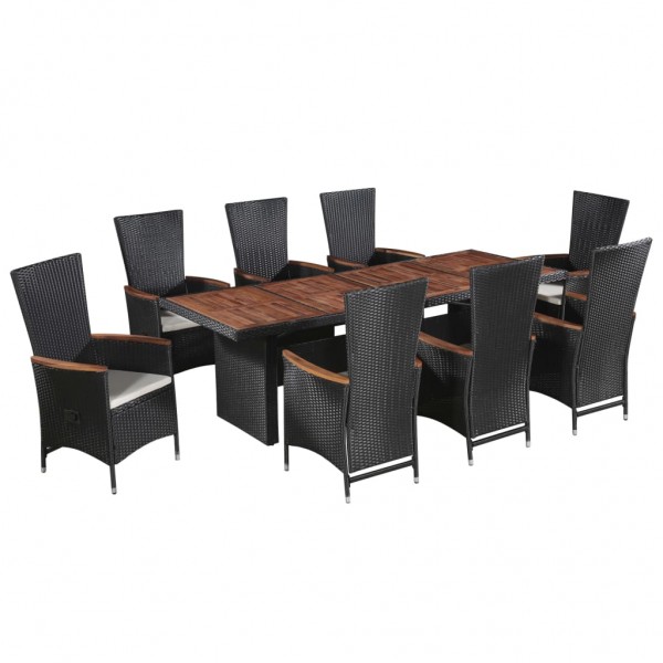 9 pcs conjunto jantar exterior com almofadões vime PE preto D