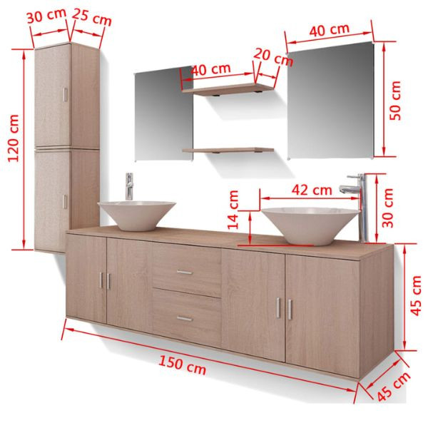 Conjunto de muebles de baño con lavabo y grifo 11 piezas beige M 7