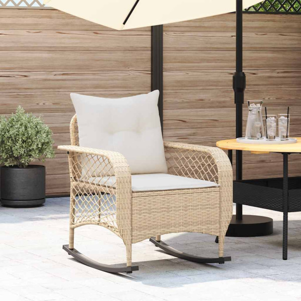 Silla mecedora de jardín con cojines ratán sintético beige D
