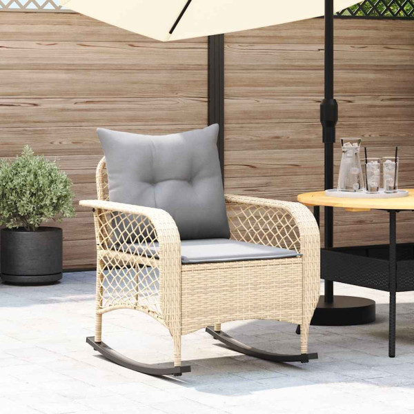 Silla mecedora de jardín con cojines ratán sintético beige D