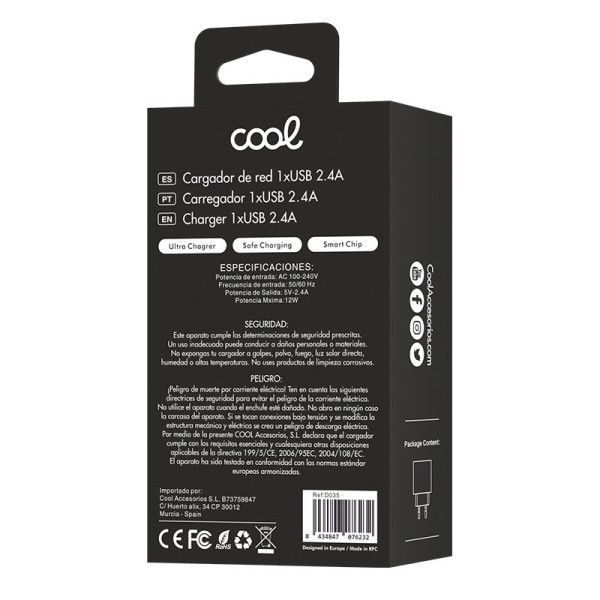 Adaptador vermelho 1x USB Universal COOL (2,4 Amp) Branco M 3