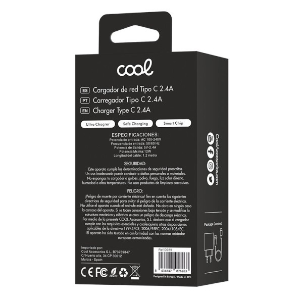 Cargador Red Conector Tipo-C (2.4 Amp) Universal COOL Kit 2 en 1 Negro M 5