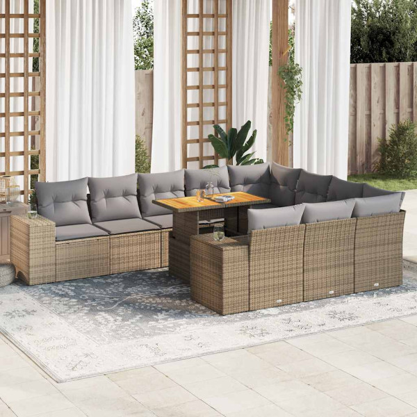 Set sofás jardín y cojines 10 pzas ratán sintético acacia beige D