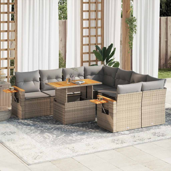 Set sofás jardín y cojines 9 pzas ratán sintético acacia beige D
