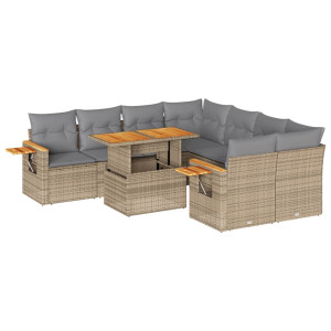 Set sofás jardín y cojines 9 pzas ratán sintético acacia beige H