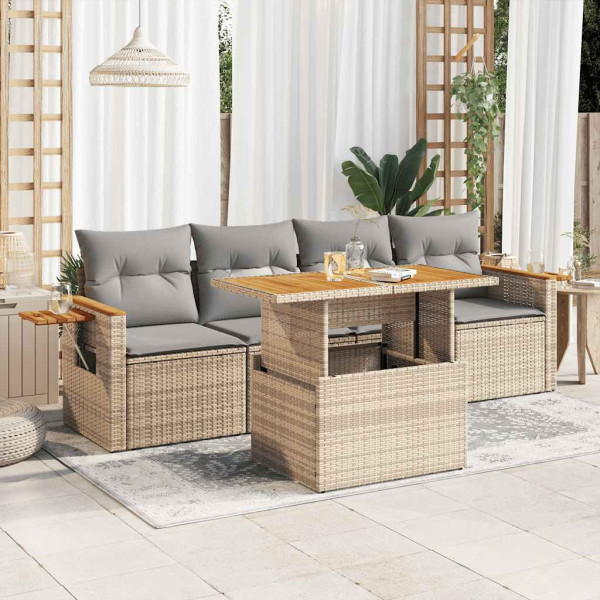 Set sofás jardín y cojines 5 pzas ratán sintético acacia beige D