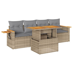 Set sofás jardín y cojines 5 pzas ratán sintético acacia beige H