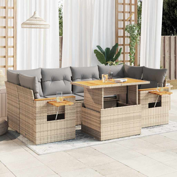 7 pcs conjunto sofás jardim com almofadões vime PE/acácia bege D