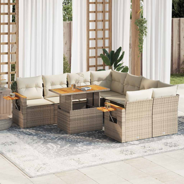 Set sofás jardín y cojines 9 pzas ratán sintético acacia beige D